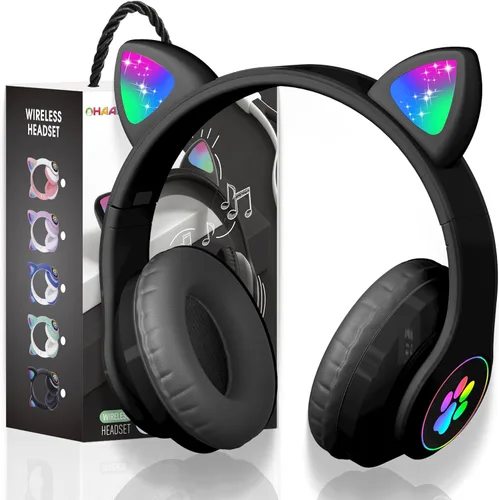 Miniatura 15 de Auriculares Bluetooth con cancelación de ruido para niños, auriculares plegables con forma de orejas de gato y luz LED, auriculares con orejas