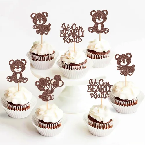 Miniatura 5 de 24 piezas de decoración para cupcakes con temática de "We Can Bearly Wait" Oso de globos brillantes, decoración temática de revelación de género