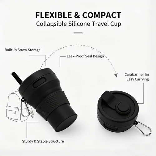 Miniatura 7 de Taza de café de silicona plegable para camping, viajes, con pajita, reutilizable, portátil, para senderismo, al aire libre, 15.2 fl oz