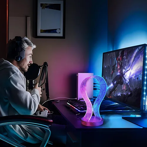 Miniatura 5 de Lampeez Soporte para auriculares con luz nocturna LED azul y rosa, madera de nogal para jugadores, amantes de la música, idea de regalo