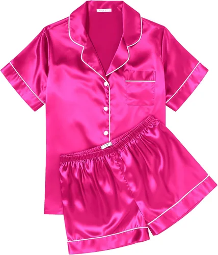 Miniatura 14 de Ekouaer Conjunto de pijama de satén de seda para mujer, suave, de manga corta, con botones, ropa para dormir, camiseta y pantalones cortos, juego