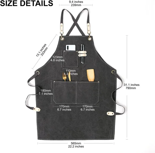 Miniatura 5 de Delantal de lona de algodón con espalda cruzada para pintar, jardinería, chef, barman, trabajo, impermeable, ajustable, con 3 bolsillos