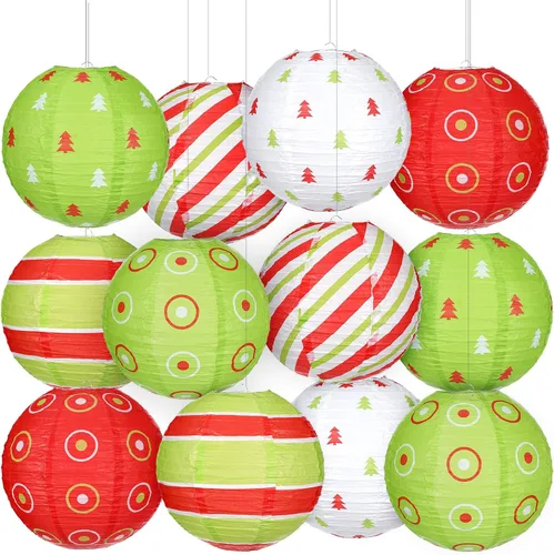Bencailor Juego de 12 linternas de papel colgantes de Navidad, linternas decorativas para fiesta de Navidad, lámparas colgantes redondas para
