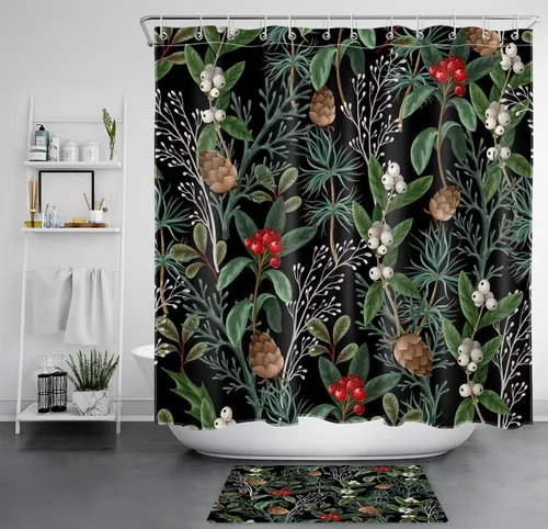 Miniatura 6 de EOBTAIN Cortina de ducha de hojas verdes de Navidad para baño, ramas de piña y abeto con bayas rojas sobre negro, cortina de ducha con 12 ganchos