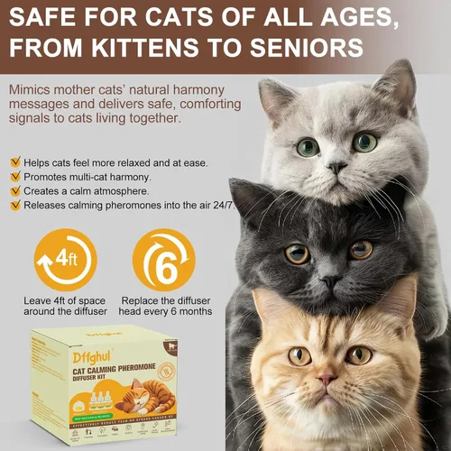 Miniatura 5 de Difusor calmante de feromonas para gatos, alivia la ansiedad y el estrés, difusor calmante para gatos, 3 recargas, reduce las peleas y los arañazos