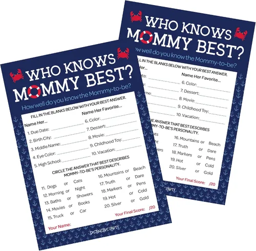 DISTINCTIVS Ahoy It's a Boy Baby Shower Game, Who Knows Mommy Best, 20 tarjetas