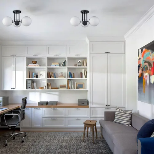 Miniatura 3 de Lámpara de techo semiempotrada moderna de metal negro de 3 luces con pantalla de vidrio de globo blanco, lámpara de montaje en techo para pasillo