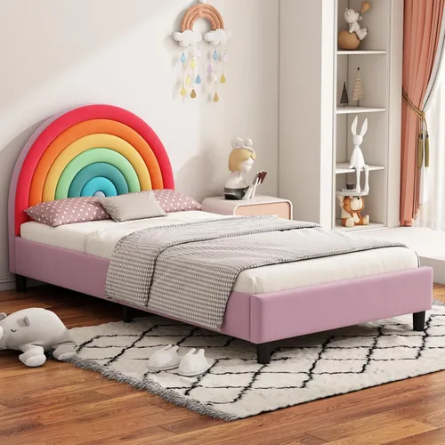 Miniatura 3 de SOFTSEA Base de cama tamaño individual con diseño de arco iris para niños, cama tapizada individual con cabecera arcoíris, cama de princesa, linda