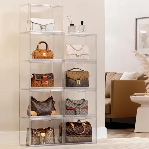 Miniatura 18 de HBlife Paquete de 3 organizadores de almacenamiento de bolsos para armario, caja de exhibición mediana transparente apilable con puerta magnética