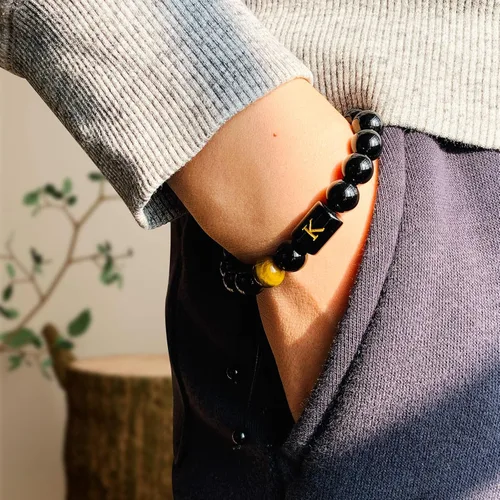 Miniatura 55 de SUMMER LOVE Regalos para el Día del Padre, pulsera con inicial de piedra de ónix negro de 0.394 pulgadas para hombres, pulsera de cuerda trenzada