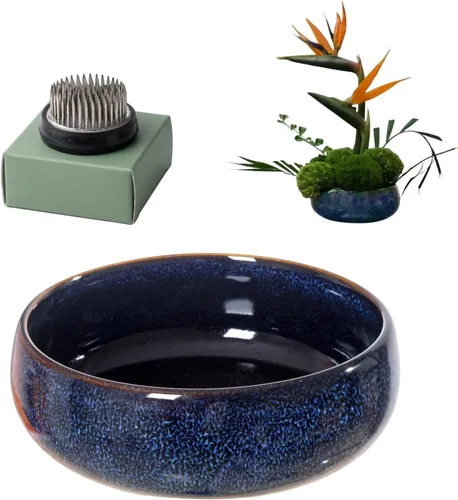 Water Lotus - Juego de maceta de tazón de compota japonesa con rana floral de 1.8 pulgadas, ideal para Ikebana, arreglo floral y plantación Azul