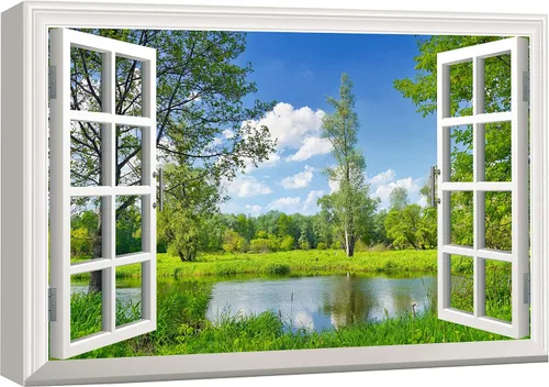 Miniatura 48 de wall26 - Cuadro en lienzo para pared, vista de ventana, río neón turquesa, rápido, bosque, lago, arroyo, naturaleza salvaje, fotografía, realismo