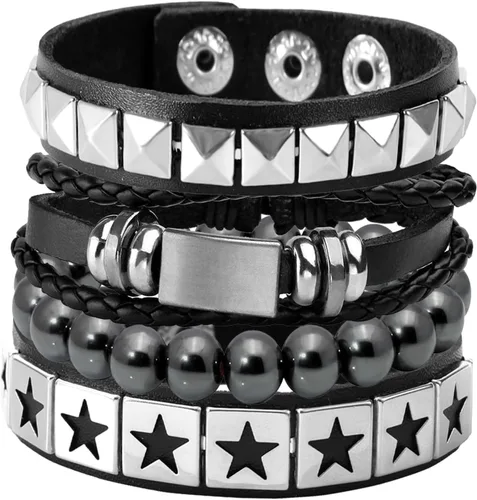 Eigso - 4 pulseras de cuero punk, para hombres y mujeres, clásicas, góticas, vintage, de poliuretano, para hombre y mujer Negro - B