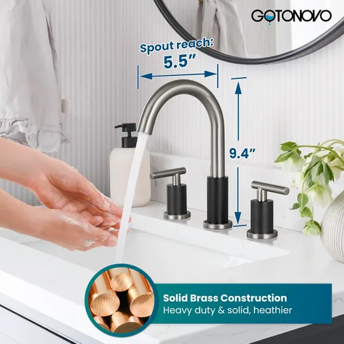 Miniatura 5 de gotonovo Grifo de Lavabo de Baño de 3 Orificios 2 Manijas con Desagüe Emergente con Válvulas Mezcladoras de Agua Caliente y Fría Grifo de Baño Negro