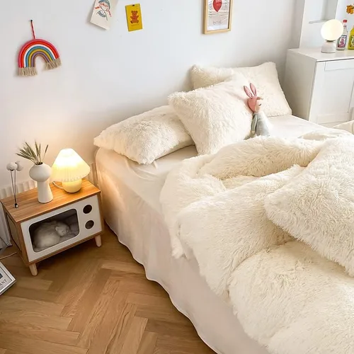 Miniatura 7 de chovy Juego de edredón de felpa de pelo sintético blanco lechoso tamaño King, ultra suave, lanudo terciopelo de franela esponjoso, juego de ropa