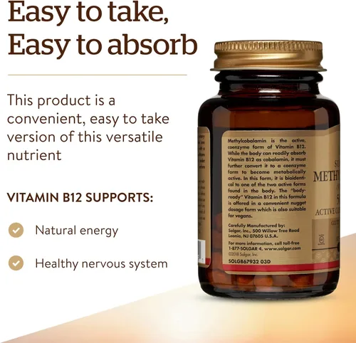 Miniatura 6 de Solgar Metilcobalamina (Vitamina B12) 5000 mcg, 60 Nuggets - Sabor a cereza - Apoya el metabolismo energético - Listo para el cuerpo, forma activa