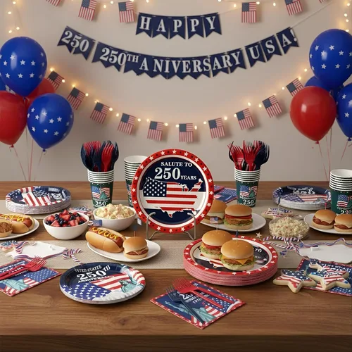 Miniatura 6 de 120 platos y servilletas del 4 de julio, suministros de fiesta de aniversario del 250 para 24 invitados, platos de papel patrióticos desechables
