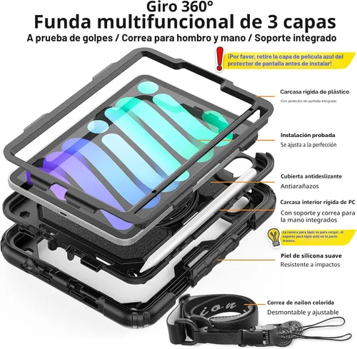 Miniatura 6 de SEYMAC stock Funda para iPad mini 7 (A17 Pro) 2024/Mini 6 de 8.3 pulgadas con protector de pantalla y soporte para lápiz