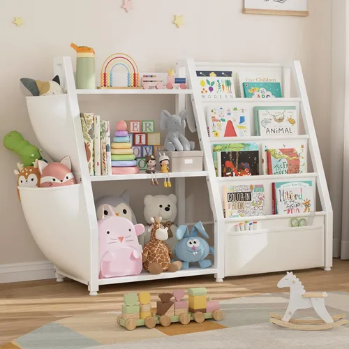 Estantería para niños y almacenamiento de juguetes, organizador de juguetes con estante para libros de 3 niveles, estantería pequeña con eslinga