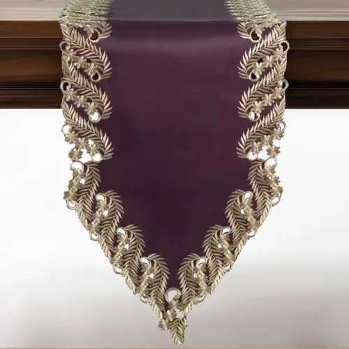 DECOZEN Camino de Mesa Navideño Dorado con Ciruela – Bufanda Decorativa Bordada para Comedor y Tocador para Mesas Navideñas, Bodas y Fiestas – 14 x