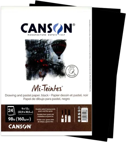 Canson Artist Series Mi-Teintes Papel Pastel, Negro, Bloc Plegable, 9 x 12 pulgadas, 24 Hojas (98lb/160g) - Papel de Artista para Adultos y