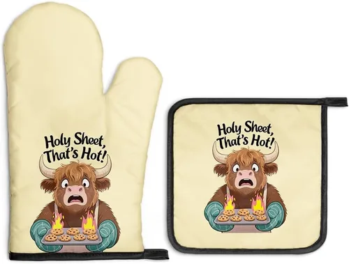 Miniatura 26 de Always Use Protection - Juego de guantes de horno y soportes para ollas, divertidos guantes de cocina retro para panaderos, regalos de inauguración