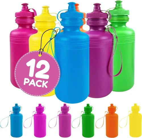 Miniatura 2 de Podzly Botellas de agua a granel para niños, paquete de 12 – Botellas de agua de plástico neón de 18 onzas a granel – Botellas deportivas