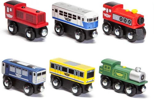 Maxim Enterprise Juego de 6 vagones de tren de madera – Locomotora/tren clásico rodante motores compatibles con Thomas Wooden Railway, Brio y otros