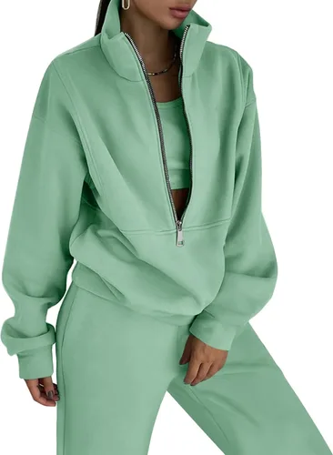 Miniatura 10 de COZYPOIN Conjunto deportivo de 2 piezas para mujer, sudadera de forro polar con cremallera media y pantalones de chándal de forro polar