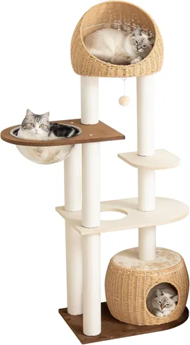 Miniatura 17 de Wood Cat Tree for Large Cats, 50'' Modern Indoor Cat Tower with Basket Beds, Cat Condo & Clear Hammock, Multi-Level Wooden Cat Furniture for Home