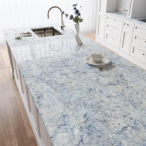 Miniatura 2 de VEELIKE Papel de contacto de mármol azul crema para encimeras, impermeable, para despegar y pegar, papel tapiz de mármol brillante para cocina, 15.7