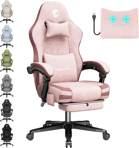 Miniatura 14 de Silla para videojuegos, silla de oficina de tela para computadora con masaje, silla ergonómica con reposapiés, soporte lumbar, cojín ensanchado