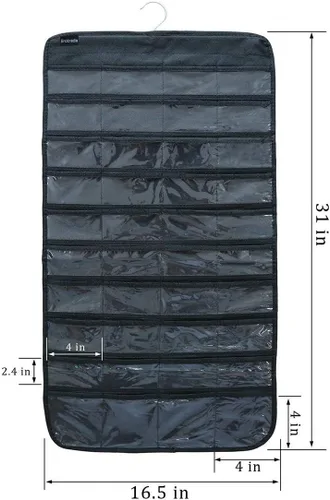 Miniatura 6 de Organizador colgante de doble cara para joyas, soporte para herramientas pequeñas con 80 bolsillos transparentes (negro)