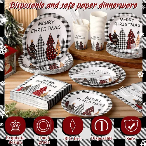 Miniatura 3 de Dandat 400 piezas de platos y servilletas desechables de Navidad, juego de suministros para fiesta de Navidad de vajilla desechable para 50
