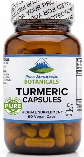Pure Mountain Botanicals Curcumina de cúrcuma con pimienta negra - 450 mg - 95% curcuminoides - 5 mg de piperina - 60 cápsulas Kosher veganas -
