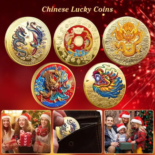 Miniatura 7 de 5 piezas de monedas de la suerte chinas de dragón chino del zodiaco monedas antiguas criaturas míticas de la suerte para oficina, colección