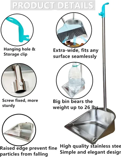 Miniatura 4 de Sartén de polvo de mango largo – 33.5 pulgadas de acero inoxidable para interiores y exteriores, recogedor resistente para el hogar con mango largo