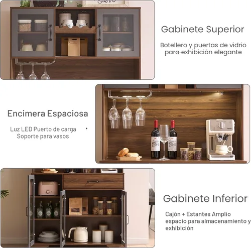 Miniatura 5 de Fatmok - Armario de despensa de 71 pulgadas, gabinete de almacenamiento para barra de café con estación de carga y luces LED, alacena alta de cocina