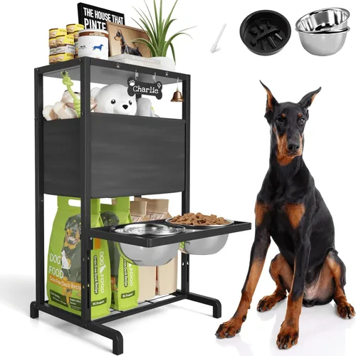 Miniatura 8 de SHAINFUN Soporte de Cuencos Elevados/Alzados para Perros con Altura Ajustable con Dos Cuencos de Comida de Acero Inoxidable de 1.7L y Tapete a