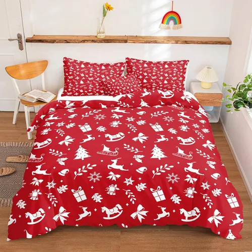 Miniatura 29 de Juego de ropa de cama de Navidad con funda de edredón de copos de nieve, color blanco y rojo, con estampado navideño, juego de ropa de cama festiva