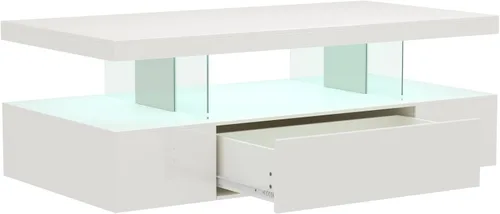 Miniatura 8 de ChooChoo Mesa de centro moderna con LED, mesa central de alto brillo con cajón, mesa auxiliar rectangular con almacenamiento para sala de estar