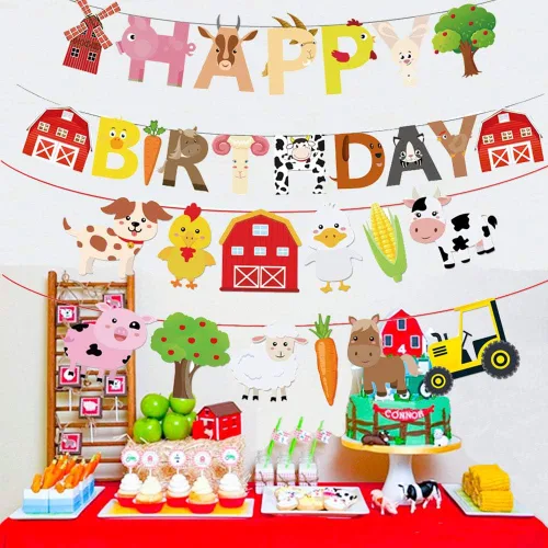 Miniatura 2 de Decoración de fiesta de cumpleaños de animales de granja, pancarta de feliz cumpleaños con guirnalda de banderines de corral para niños y niñas