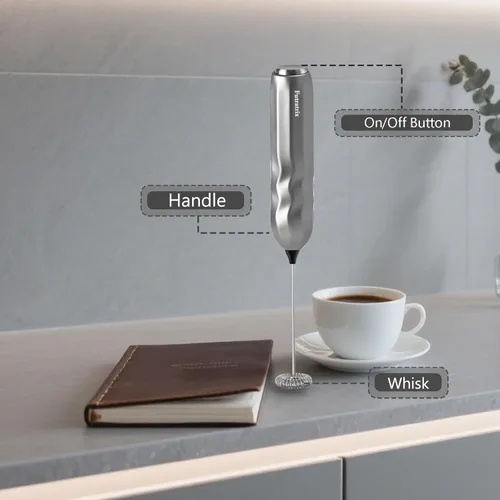Miniatura 6 de Espumador de leche de mano, mezclador de bebidas rápido y potente funciona con pilas con batidor de acero inoxidable para café (plateado con soporte)