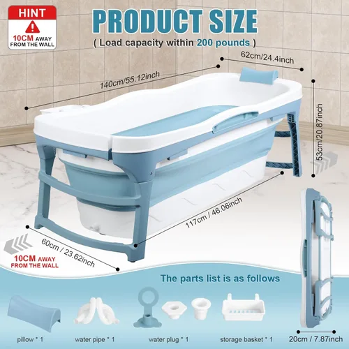 Miniatura 4 de Bañera portátil para adultos, bañera plegable de 56 pulgadas para adultos, bañera independiente para ducha, baño de hielo, bañera de sentada
