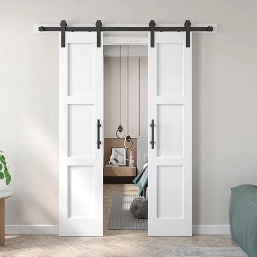 Miniatura 17 de Fredbeck Puerta de granero blanca de 30 x 84 pulgadas con kit de herrajes para puerta corredera de 5.5 pies incluido y asa, sólida, MDF, superficie