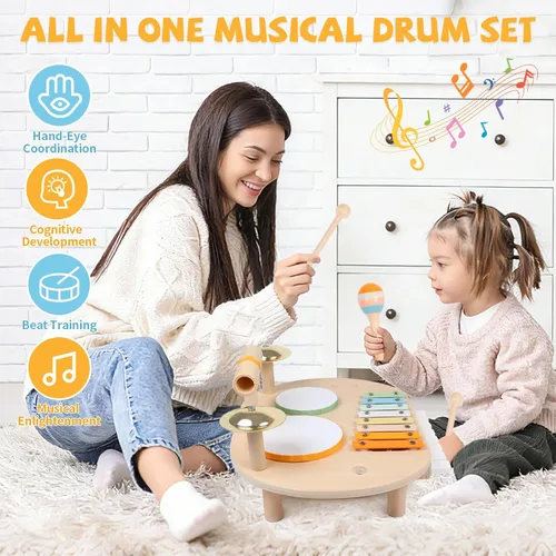 Miniatura 2 de YHHYTOY Juego de batería para bebé, instrumentos musicales de madera para bebés de 1 a 3 años, juego de percusión de mesa de actividades musicales