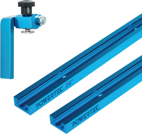 POWERTEC 71857 Pista en T universal de 24"x2" con 1 pieza de tope abatible de pista en T de 3" para carpintería, pista en T de perfil de doble corte