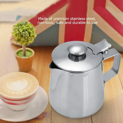 Miniatura 3 de Jarra de espuma de leche con tapa, vaporizador de leche, espumador de café para café, capuchino, latte, arte de acero inoxidable (20.3 fl oz)