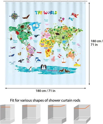 Miniatura 4 de DECOWALL Juego de cortinas de ducha con diseño de mapa del mundo de animales, impermeable, lavable, decorativo, 71 x 71 pulgadas, tela de poliéster