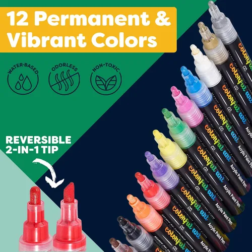 Miniatura 2 de Bolígrafos de pintura – 12 bolígrafos de pintura acrílica, kit de pintura de roca para pintar rocas, guijarros, vidrio, cerámica, madera, porcelana